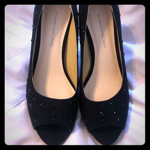 Black Beaded Peep Toe Heels